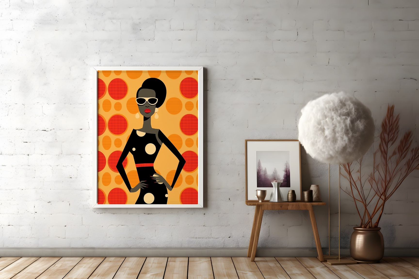 A dark-skinned Black woman wearing a black dress against an orange patterned background.