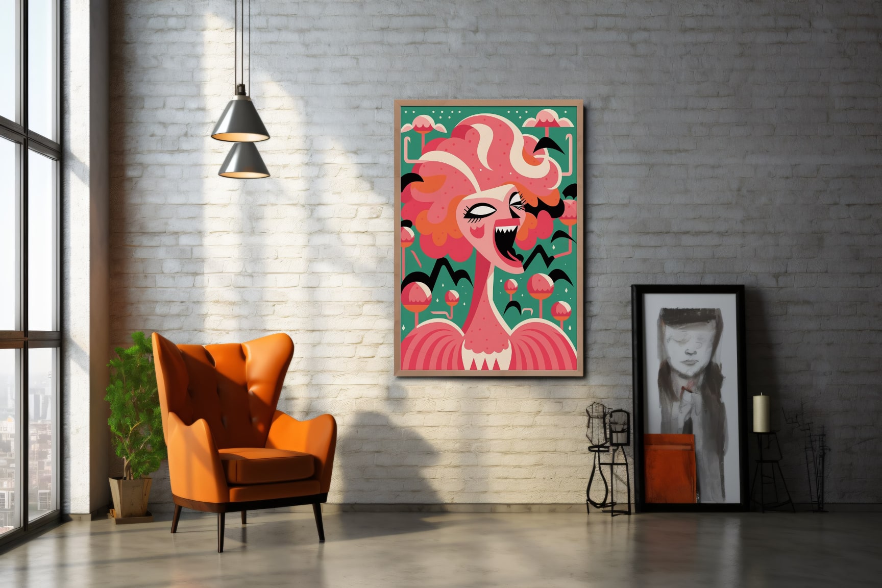 A provocative humanoid female flamingo screaming